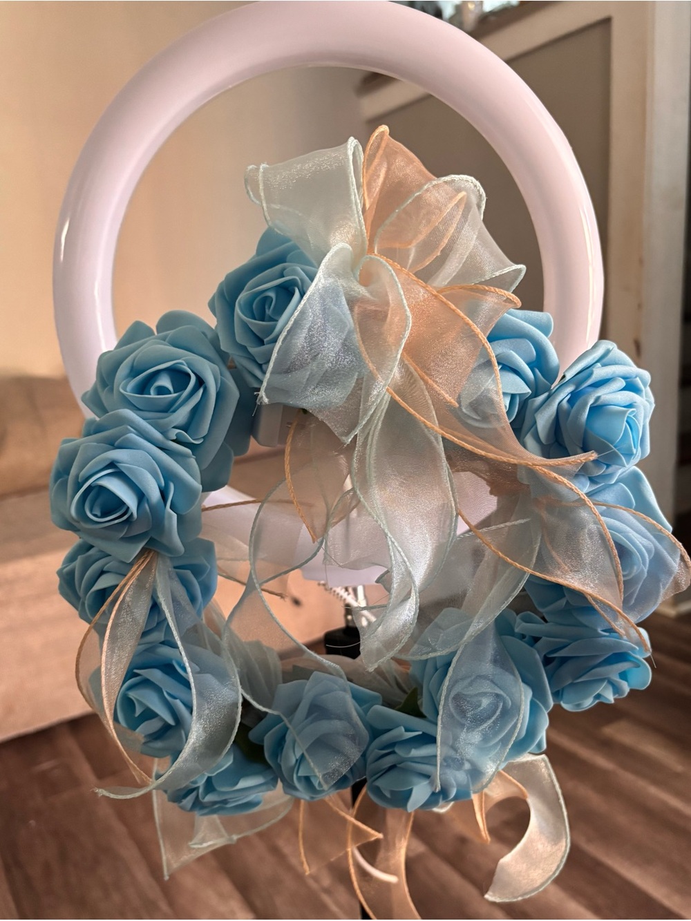 Hand Crafted Light Blue Rose Wreath with Cream-Gold Sheer Ribbon